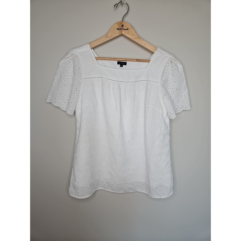 Talbots Blouse L White Eyelet Cotton Floral Top Boho Prairie CottageCore Coastal